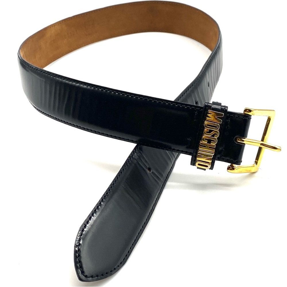 MOSCHINO BLACK GLOSS LEATHER GOLD LOGO BUCKLE LADIES ADJUSTABLE WAIST BELT XS